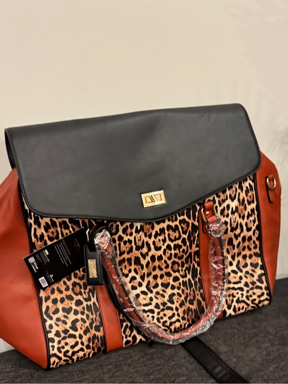 Badgley Mischka Leopard Print Leather Satchel Black Brown Accents weekender bag - Picture 9 of 15